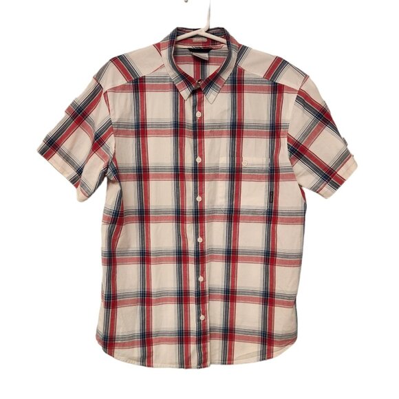 Columbia Plaid Shirt Short Sleeve Regular Fit Button Up Red White Blue Large EUC - Picture 1 of 10